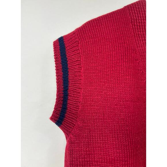 Womens Vintage Preppy V Neck Wool Vest Red Navy Stripe Gold Button L - Picture 5 of 7